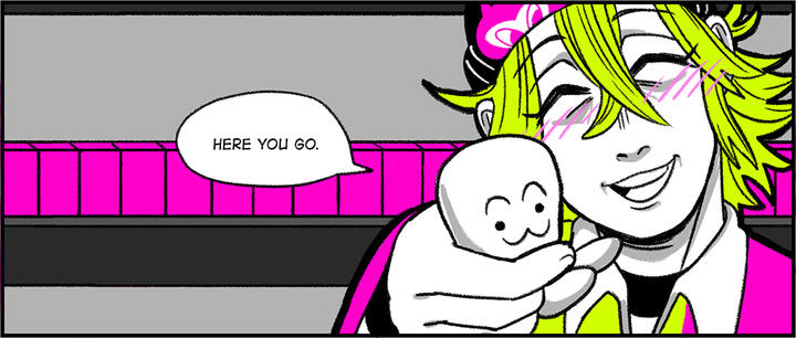drawing of a young man with neon green hair handing a small white mascot characer to the viewer and saying "here you go."
